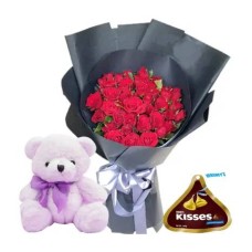 36 Red Roses Bouquet, Bear & 100g. Hershey's Kisses
