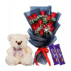 1 Dozen Red Rose with Chocolate & Teddy Bear