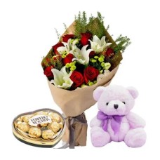 12 Red Roses & 1 Stem Lilies Bouquet, Teddy Bear & Ferrero Heart