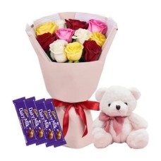 12 Mixed Roses, Teddy Bear & 4pcs Dairy Milk