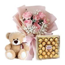 Half Dozen Pink Roses Bear with Chocolate