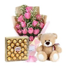 12 Pink Roses with Teddy & Chocolate
