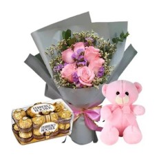 6 Pink Roses Bouquet, Teddy Bear, 16 Ferrero Box