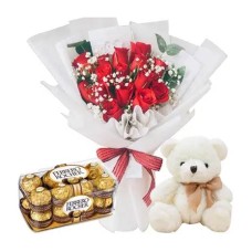 12 Red Roses Bouquet, Teddy Bear & 16 Ferrero Box