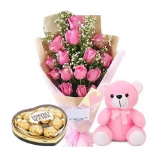 2 Dozen Roses, Teddy Bear & Ferrero Heart