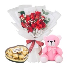 12 Red Roses, Bear & Ferrero Heart Shape Box