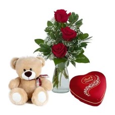 3 Red Roses Vase, Teddy Bear & Lindt Lindor Heart