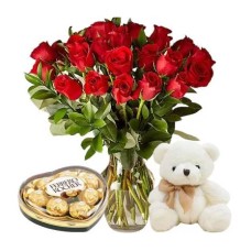 24 Red Rose in Vase, Tdddy & Chocolate