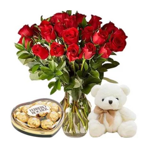 24 Red Rose in Vase, Tdddy & Chocolate