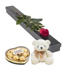 Single Red Rose Box, Heart Shape Ferrero & Teddy