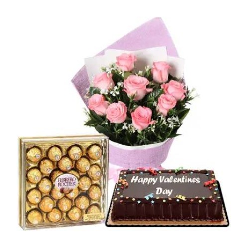 One Dozen Pink Roses, 24 Ferrero & Chocolate Cake