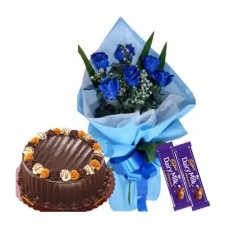 6 Blue Roses W/ Cake & Chocolate