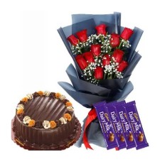 12 Red Roses with Cadbury 4 Bar & Choco Caramel Cake