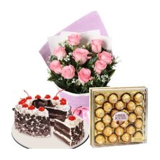 12 Pink Roses, Black Forest Cake & 24 Rocher