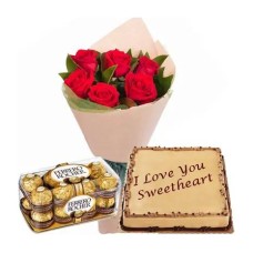 6 Red Roses, Mocha Cake & 16 Ferrero Chocolate Box