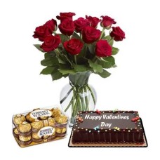 12 Red Roses Vase, Chocolate Cake & 16 Ferrero Box