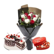 6 Red & 6 White Roses, Black Forest Cake & Lindt Heart