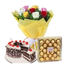 12 Mixed Color Roses, Black Forest Cake & 24 Ferrero Box