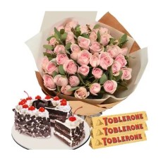 36 Pink Roses, Black Forest Cake & 3 Toblerone Packs