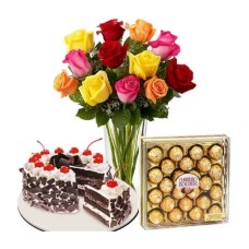 12 Mixed color Roses with Cake and Chocolate