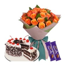 12 Orange Roses with Cake and Chocolate