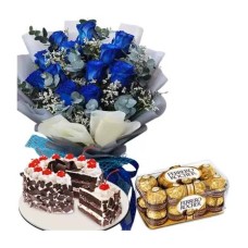 12 Blue Roses with 16 Ferrero Chocolate & Black Forest Cake
