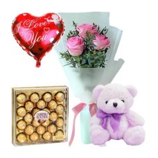 3 Pink Roses,Bear,Ferrero Rocher Chocolate with Balloon