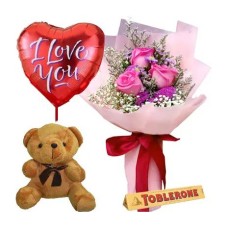 3 Pink Roses, Bear, Chocolate & Balloon