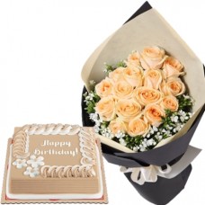 12 Peach Roses with Creamy Caramel Cake by Red Ribbon