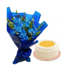 12 Pcs Blue Rose Bouquet With NEW Mango Sunrise Cake by Red Ribbon