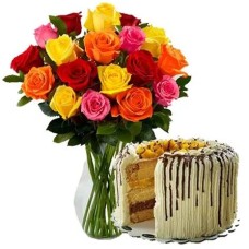 Mixed Roses Flower Vase with Mango Contis Cake