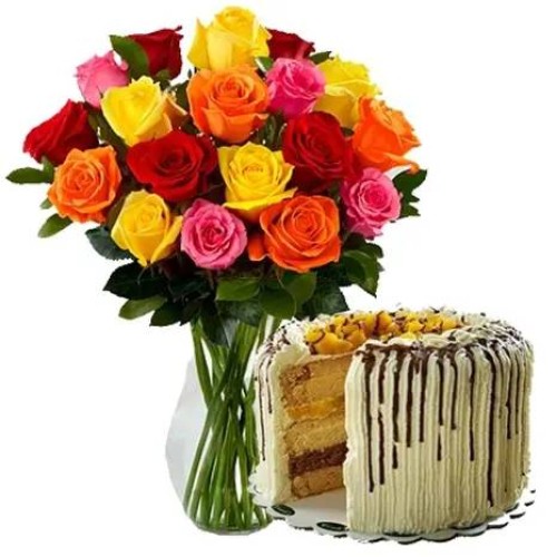 Mixed Roses Flower Vase with Mango Contis Cake