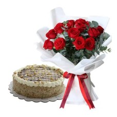 12pcs Beautiful Red Rose Bouquet With Bananalicious Pie by Contis Cake