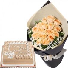 12 Peach Roses with Creamy Caramel Cake by Red Ribbon