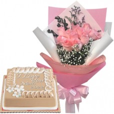12 Pink Roses with Creamy Caramel Cake by Red Ribbon