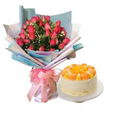24pcs Hot Pink Rose Bouquet With Mango Luscious Cake