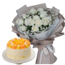12pcs White Rose Bouquet With Mango Luscious Cake