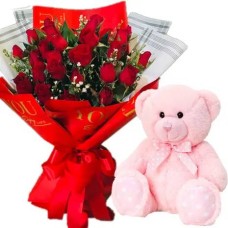 2 dozen of Red Rose Bouquet With Teddy Bear