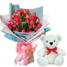 24pcs Hot Pink Rose Bouquet With Teddy Bear