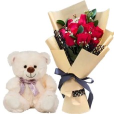A Dozen Of Red Rose Bouquet With Teddy Bear