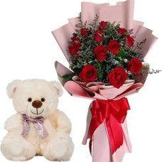 A Dozen Red Rose Bouquet With Cute Small Teddy Bear
