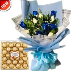 Send 12 White & Blue Roses with Chocolate to Philippines
