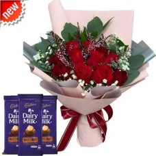 A Dozen Of Red Roses With 3pcs Cadbury Dairy Milk Hazel Nut