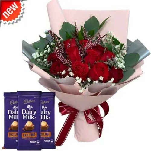 A Dozen Of Red Roses With 3pcs Cadbury Dairy Milk Hazel Nut