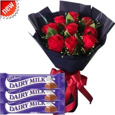 9pcs Red Roses in a Bouquet With 3pcs Cadbury Dairy Milk Pack