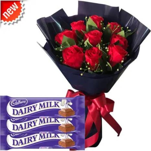 9pcs Red Roses in a Bouquet With 3pcs Cadbury Dairy Milk Pack
