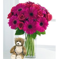 Eventhough You're Far Away (18 Roses + 6 Gerbera Daises + Teddy Bearus)