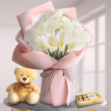 Unforgettable Moments (12 Calla Lilies + Teddy Bear + Chocolate)
