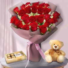 Love Smiles (12 Roses + med Teddy Bear + Chocolates)