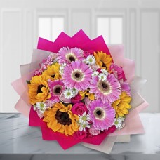 Assorted Flower Bouquet (6 Gerberas + 4 Sunflowers + 10 Daisies + 6 Roses)